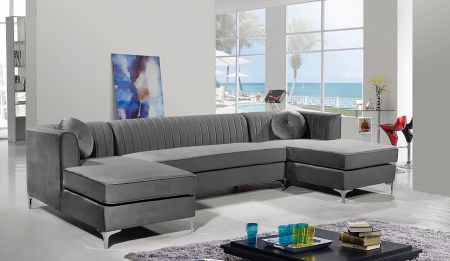 Nearla Fixed Back Fluted Large U Shape Sofa Velour Velvet Fabric 